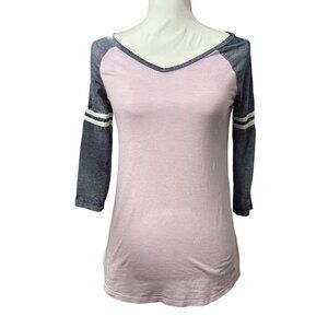 So Womens XS Relaxed Fit Pink & Navy Raglan 3/4 Sleeve Top
